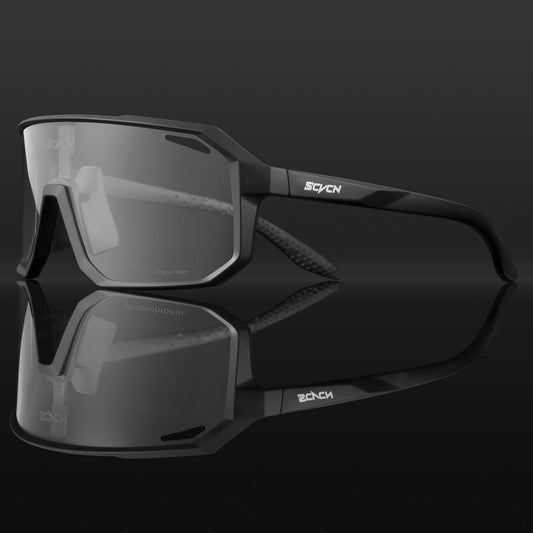 Black framed biking glasses with a photochromic lens